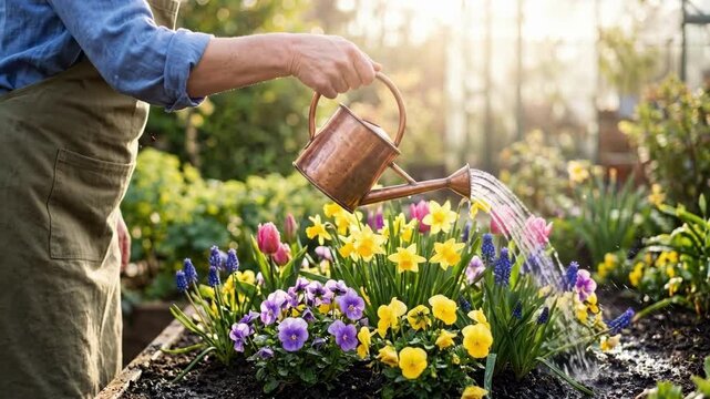Woman gardener watering colorful spring flowers in raised bed with copper can. Springtime labor day activity in sunny greenhouse. Fresh blooms and outdoor gardening work concept