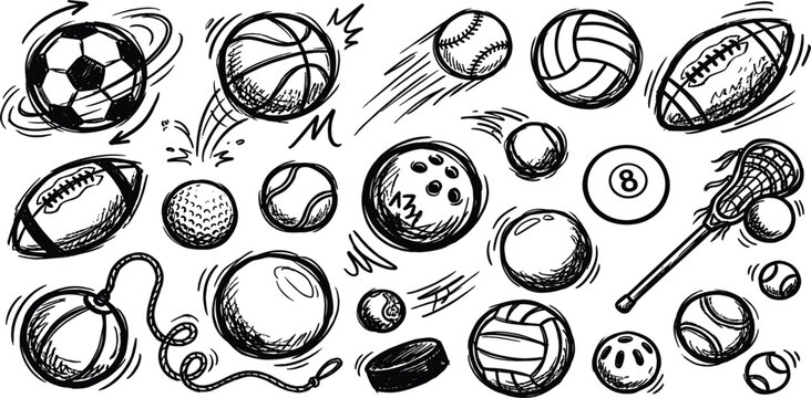 Dynamic hand drawn sports balls vector illustration set featuring expressive action sketch lines of spinning soccer basketball flying baseball volleyball rugby 