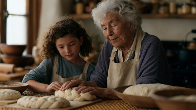 Rosh Hashanah preparation scene showing an elderly Ashkenazi grandmother teaching her granddaughter to roll round challah braids in a Brooklyn apartment kitchen, honeycomb