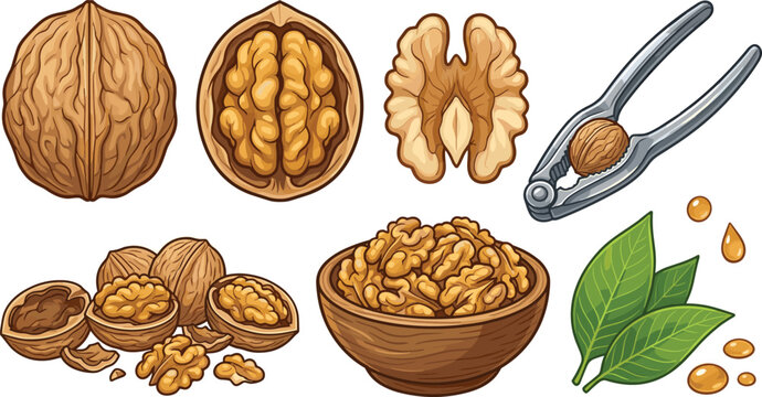 Walnut Collection with Whole Cracked Shelled Kernels Nutcracker Leaves and Healthy Organic Food Illustration