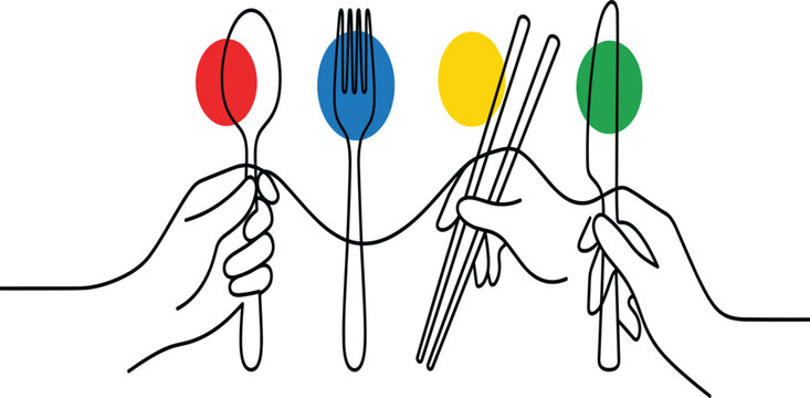 Minimalist continuous line art hand gestures vector illustration set holding cutlery utensils spoon fork chopsticks knife with colorful geometric circles isolated on white background