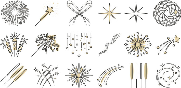 Minimalist hand drawn fireworks and festive sparkle vector icon set featuring gold accent firework rockets exploding stars shooting comets and holiday party elements isolated on white background