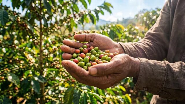 African man holding fresh unripe red and green coffee cherries in rough hands amid lush plantation bushes and distant mountains. Sustainable farming and ethical sourcing in coffee