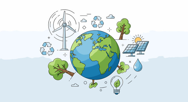 Flat design illustration of planet earth with renewable energy and environmental conservation icons.