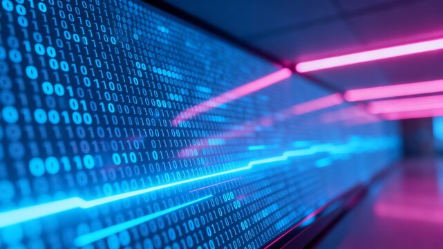 Digital Data Stream with Binary Code and Neon Lights