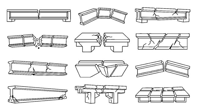 Set of hand drawn sketches showing broken stone platforms and cracked architectural elements.