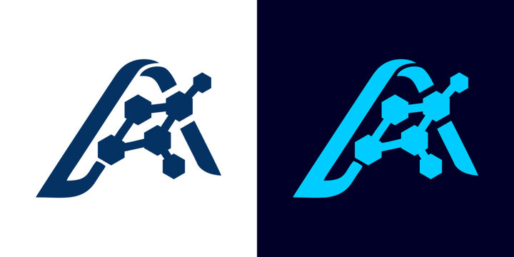 Stylized letter A logo with molecular connection network node design representing artificial intelligence and biotechnology