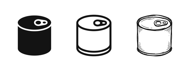 Tin can food icon set, metal container, silhouette, outline, and sketch style © drawing lines