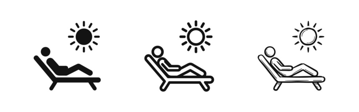Person sunbathing on lounge chair icon set, summer vacation, silhouette, outline, and sketch