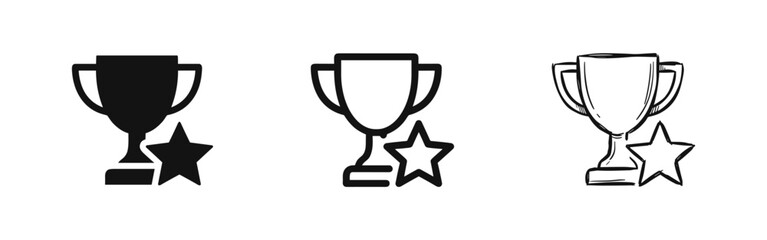 Trophy Cup Icons with Star in Solid, Outline, and Sketch Styles © drawing lines