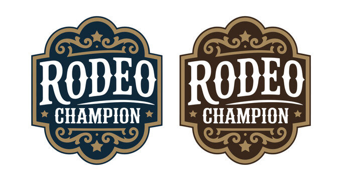 Vintage western rodeo emblem featuring cowboy buckle, bull rider badge and ranch apparel logo design.