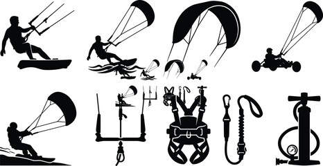 Kitesurfing and Power Kite Equipment Silhouette Vector Set for Extreme Sports © Ayesha