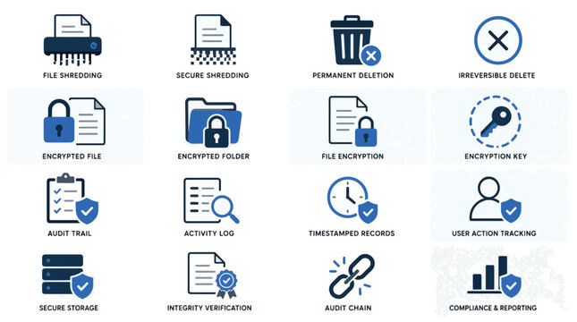 Collection of icons representing data security and protection concepts in a digital environment.