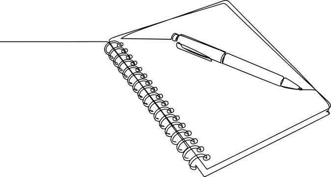 Single line of a spiral bound notebook with a pen resting on its cover