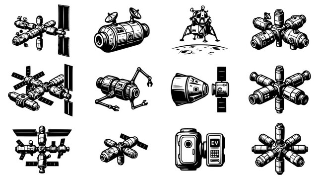 Space Station Modules and Lunar Lander, Sci-Fi Spacecraft Collection - Vector Illustration