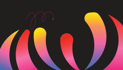 A vibrant and dynamic abstract composition featuring fluid, smooth-flowing organic shapes with a striking neon gradient transitions of yellow, orange, pink, and blue, dramatically contrasted against a © Dignswr Studio