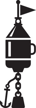 Solid black commercial fishing buoy icon with signal flag, anchor chain, and sinker weight