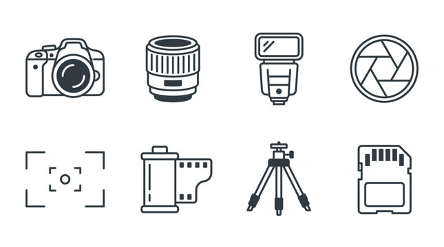 Photography equipment line icons set, professional camera gear and studio accessories, 8 vector outline symbols for photographers and media