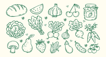 Hand drawn green line art doodle set of fresh vegetables, fruits, and farm produce. Perfect for organic food design, market illustrations, stickers, and healthy lifestyle graphics © luqart97