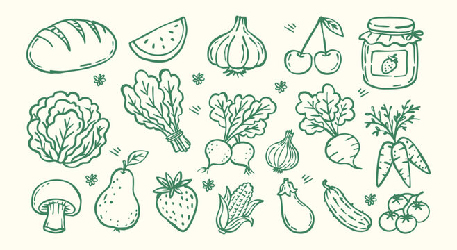 Hand drawn green line art doodle set of fresh vegetables, fruits, and farm produce. Perfect for organic food design, market illustrations, stickers, and healthy lifestyle graphics