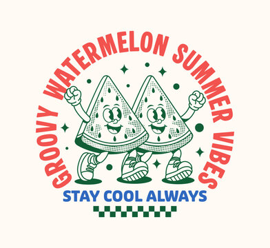 Cute retro watermelon slice duo mascot with groovy summer vibes. Perfect for t-shirt design, streetwear apparel, sticker, print and vintage cartoon illustration