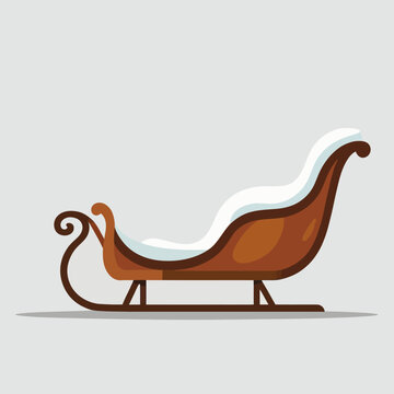 Classic wooden sleigh with snow on seat and decorative scrollwork.