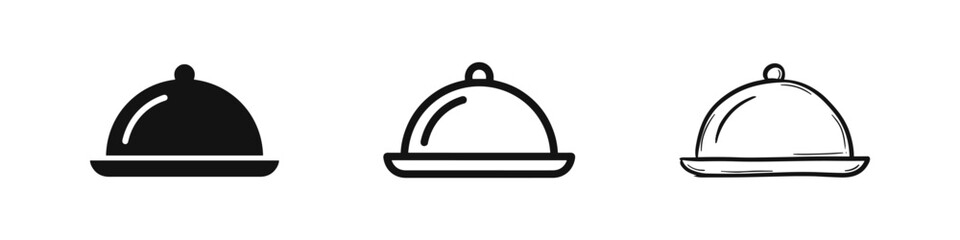 Serving Food Dome Icons Set in Solid, Outline and Hand Drawn Styles © drawing lines