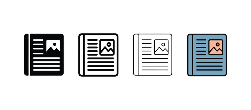 Four newspaper icons in different colors on white background  black white gray and blue newspapers with images and text