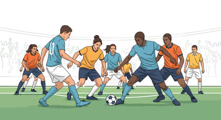 Group of diverse soccer players competing in a match on a stadium field. © Syaiin