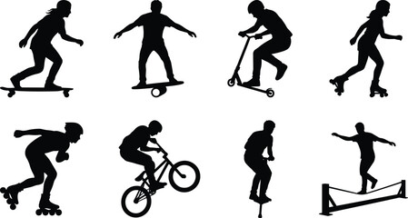 Naklejka premium Extreme Sports Silhouette Collection with Skateboard BMX Scooter Roller Skating and Balance Activities