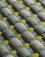 Naklejka premium Close-up of woven fabric with houndstooth and solid green textures, retro aesthetic. Use: home decor, textile design, fashion inspiration.