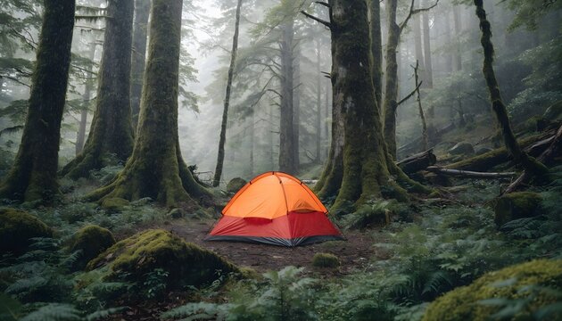 Orange tent pitched in a dark forest clearing