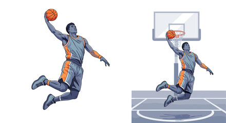 Illustration of a basketball player performing a powerful slam dunk jump shot. © Syaiin