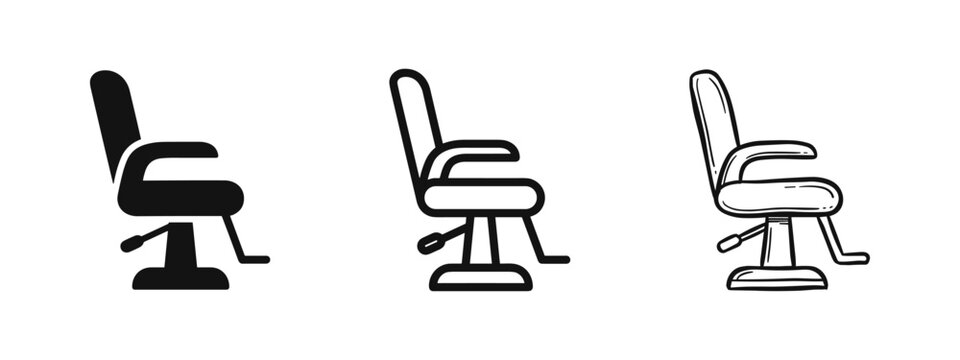 Set of barber chair icons in solid, linear, and hand-drawn styles