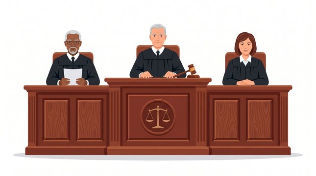 A diverse panel of three judges sitting at a wooden courtroom bench with a legal scales symbol, looking forward with professional, serious expressions.