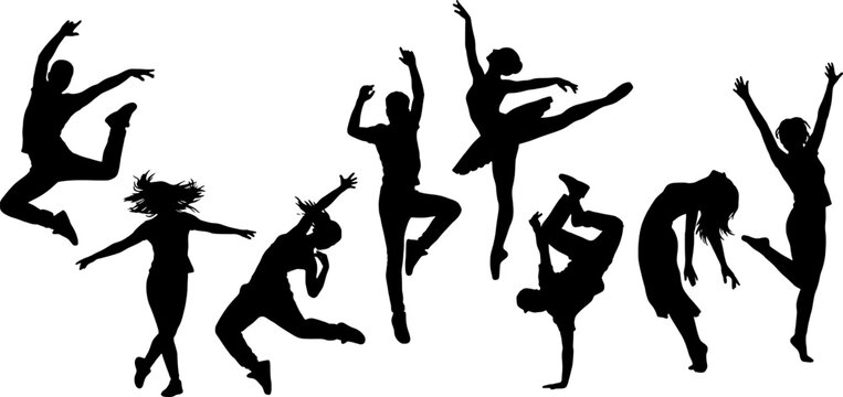 Black silhouettes of people jumping and dancing