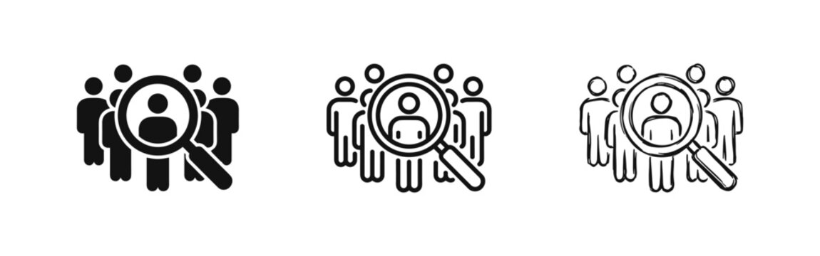 Group of people with magnifying glass icon in three style variations