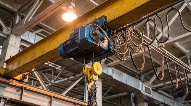 A photorealistic close-up of a heavy-duty industrial overhead crane system, featuring a blue electric hoist motor, yellow pulley block, and steel lifting chains inside a factory.