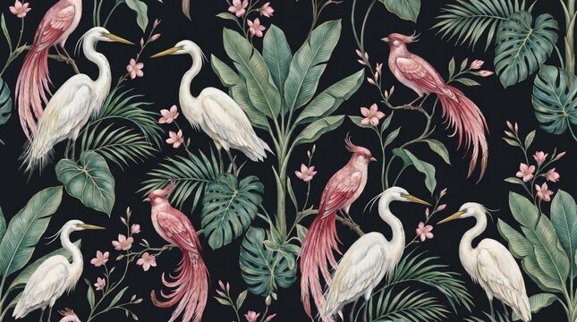 A luxurious seamless botanical wallpaper pattern featuring hand-painted white egrets, pink exotic birds, lush monstera leaves, banana palms, and delicate blossoms on a black backdrop.