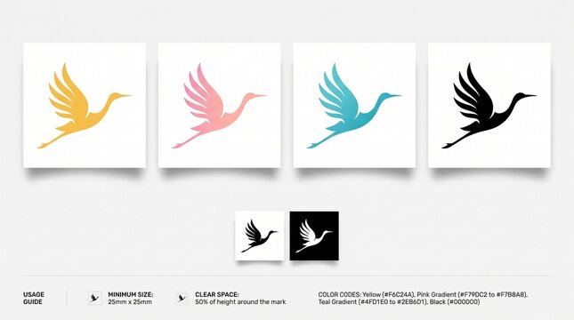 A clean brand usage guide featuring a minimalist vector logo of a flying bird, presented in yellow, pink gradient, teal gradient, and solid black variations.