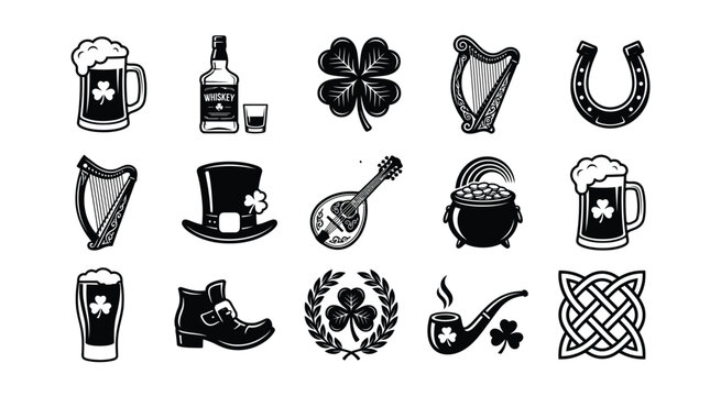 Vintage St. Patrick's Day vector icon set. Irish pub elements, shamrock clover, beer, whiskey, leprechaun hat, and celtic symbols.