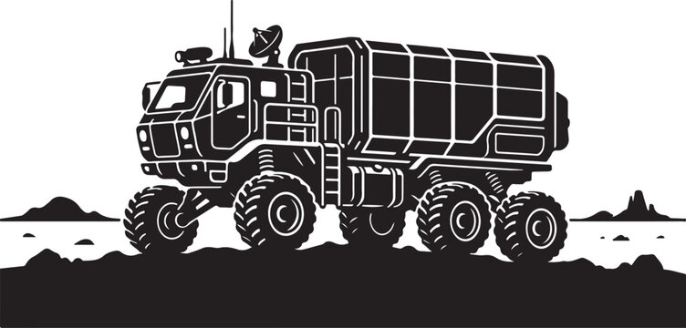 Black and white, off-road, military truck vector, 8x8 wheels, rugged terrain vehicle