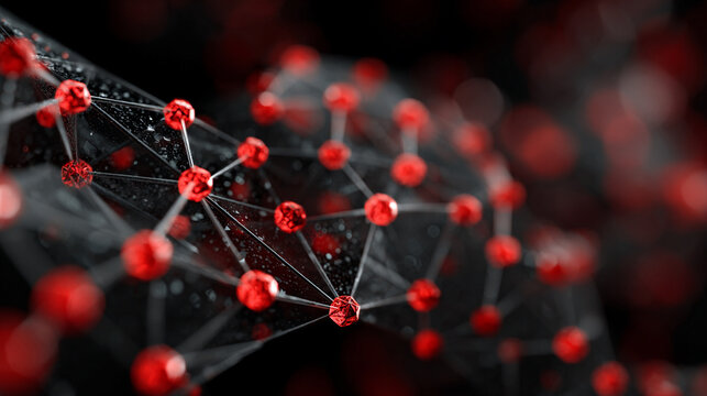 Cybersecurity network nodes with red malicious attack points on dark background