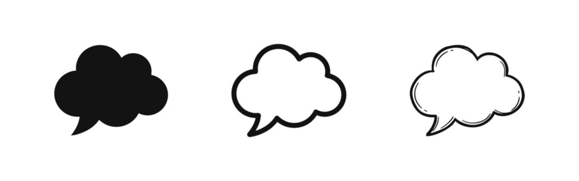 Cloud speech bubble icon set, solid, outline and hand-drawn style