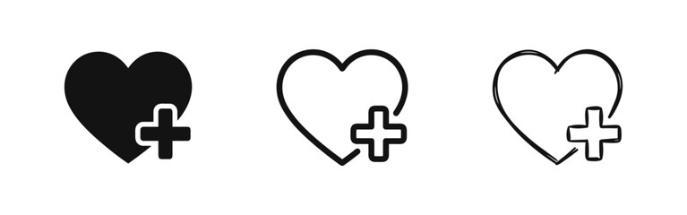 Heart with plus sign icon set, love add button collection © drawing lines