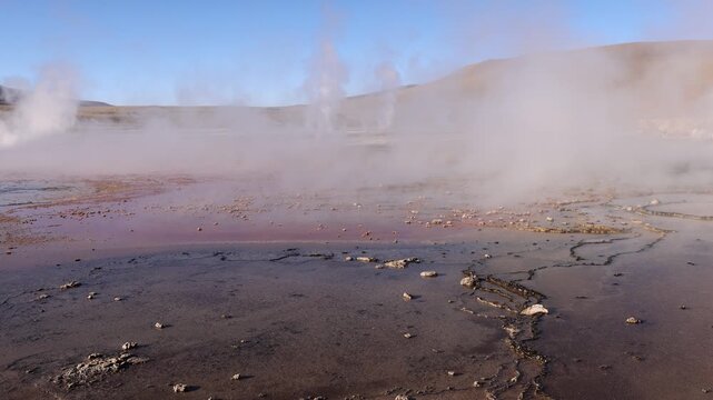 View of El Tatio geysers with steam rising from geothermal pools and mineral-rich ground in San Pedro de Atacama, Antofagasta, Chile.