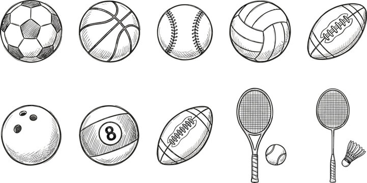 Vintage hand drawn sports equipment vector icon set featuring engraved sketch illustrations of soccer basketball baseball volleyball football bowling tennis 