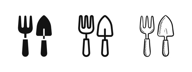 Garden tool icon set, shovel and hand rake symbols © drawing lines