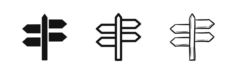 Directional signpost icon set, wayfinding and travel symbols © drawing lines