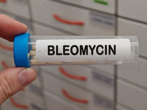 Transparent plastic Box of BLEOMYCIN tablets on a hospital pharmacy table used to treat testicular cancer and lymphoma an antitumor antibiotic.